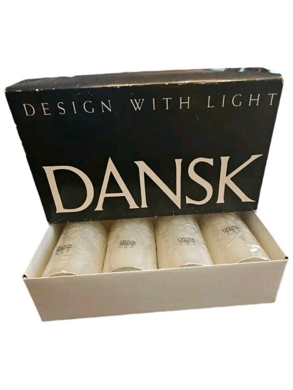 VINTAGE DANSK PILLAR CANDLES 4"x2"  Box Of 4. N.O.S 01844 White